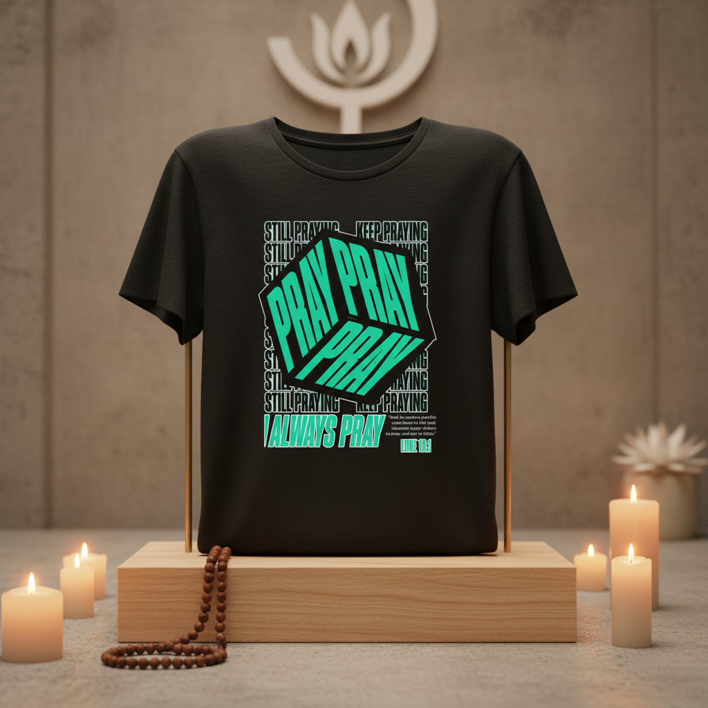 Pray Pray Pray Unisex Black Tee in spiritual setting