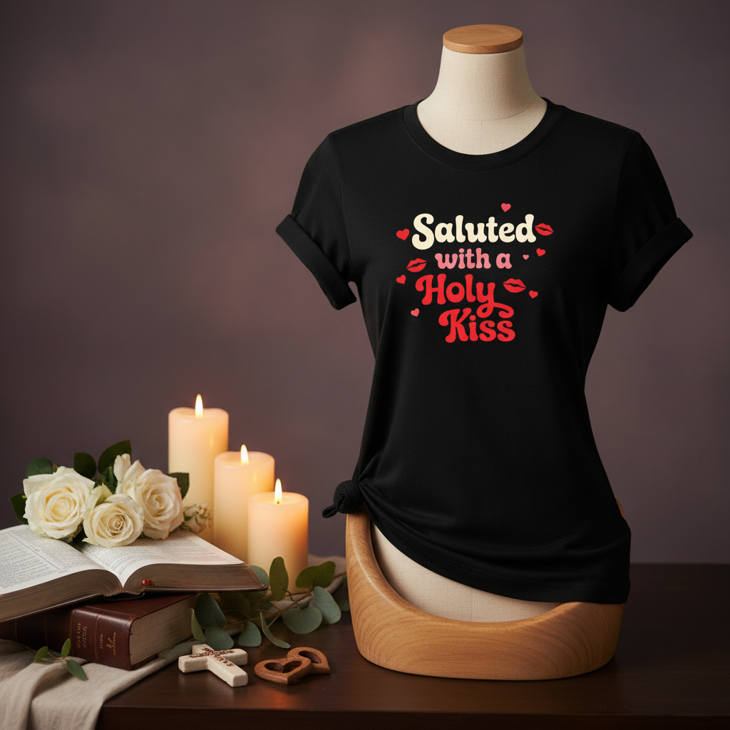 Saluted with a Holy Kiss Women's Relaxed Tee in spiritual setting