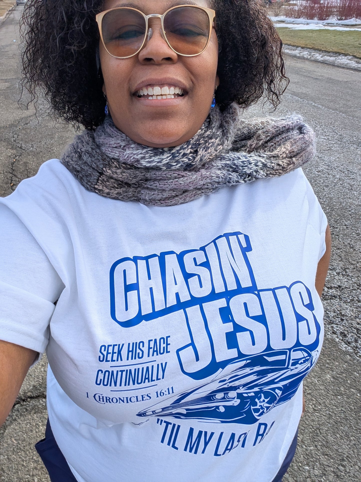 Woman wearing Chasin Jesus Til My Last Race Christian t-shirt (XL) | 1 Chronicles 16:11