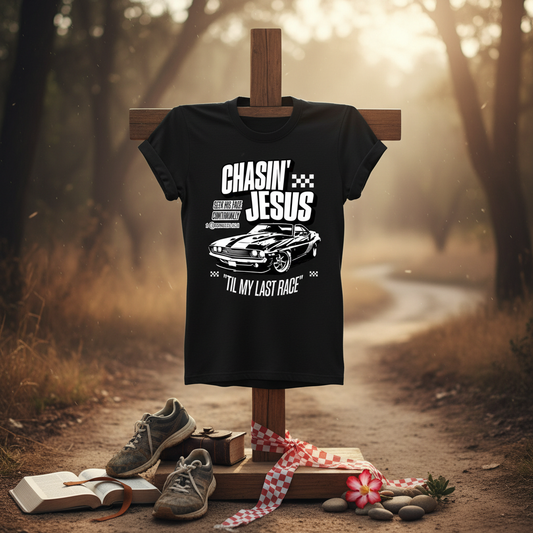 Chasin' Jesus Til My Last Race Unisex Tee in spiritual setting