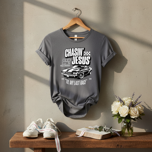 Chasin' Jesus Til My Last Race Women's Tee in spiritual setting