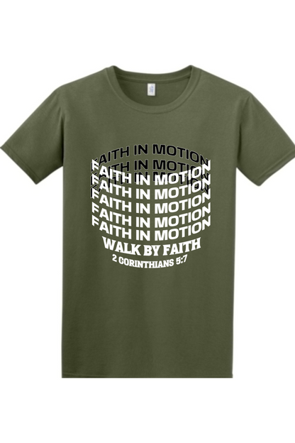 Faith In Motion Christian t-shirt in olive green | Walk by Faith 2 Corinthians 5:7 | Spiritual Written Wordz