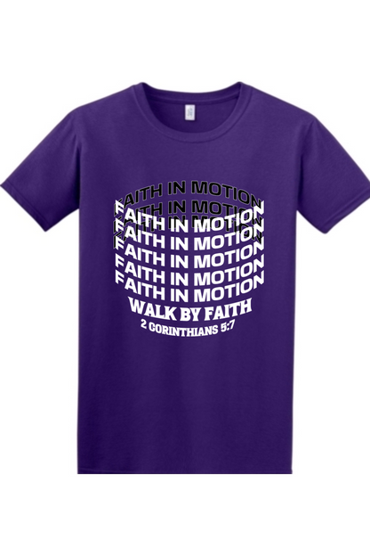 Faith In Motion Christian t-shirt in purple | Walk by Faith 2 Corinthians 5:7 | Spiritual Written Wordz