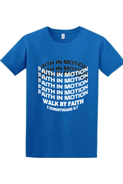 Faith In Motion Christian t-shirt in royal | Walk by Faith 2 Corinthians 5:7 | Spiritual Written Wordz