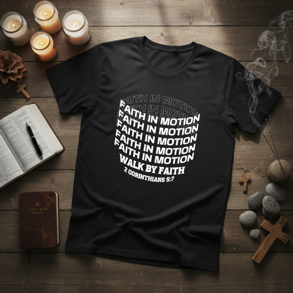 Faith In Motion Christian t-shirt with Walk by Faith design inspired by 2 Corinthians 5:7 on black tee | Spiritual Written Wordz