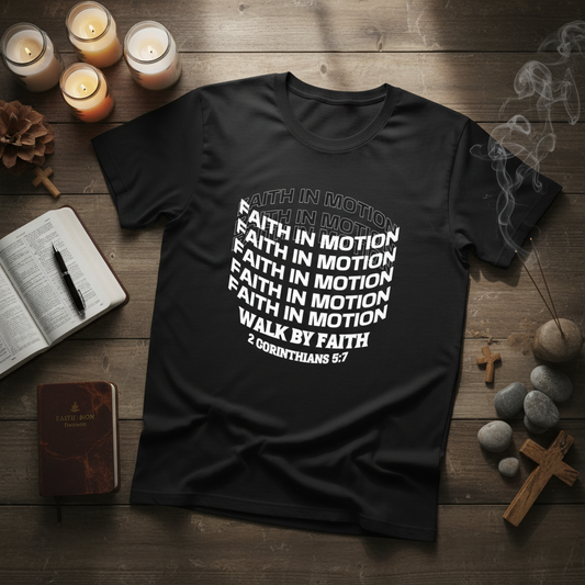 Faith In Motion Christian t-shirt with Walk by Faith design inspired by 2 Corinthians 5:7 on black tee | Spiritual Written Wordz