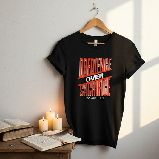 Obedience Over Sacrifice Women's Tee in spiritual setting
