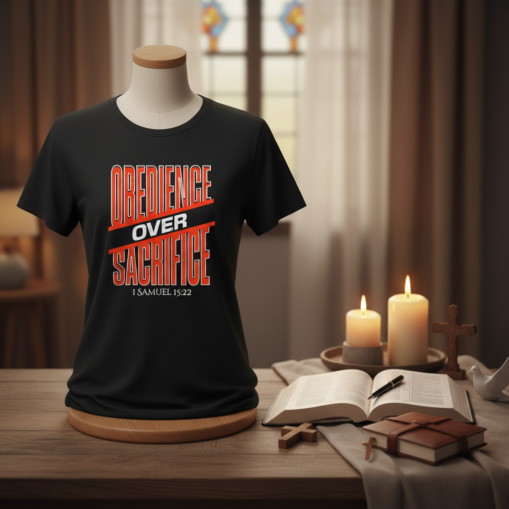 Obedience Over Sacrifice Women's Tee in spiritual setting