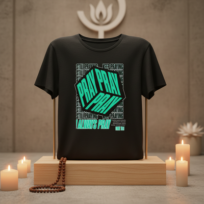 Pray Pray Pray Unisex Black Tee in spiritual setting